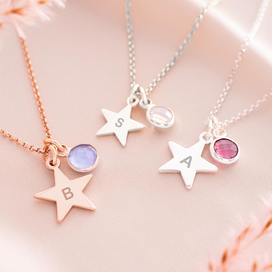 Personalised Handstamped Star And Birthstone Necklace