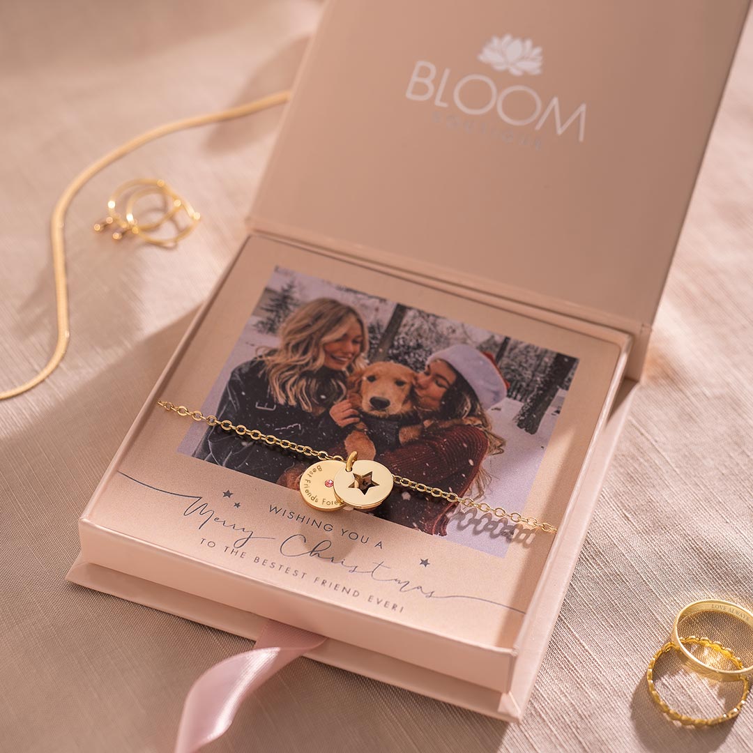 Personalised Secret Message Star Birthstone Bracelet Photo Gift Set