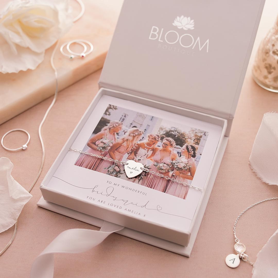 Personalised Modern Script and Illustration Heart Bracelet Photo Bridesmaid Gift Set