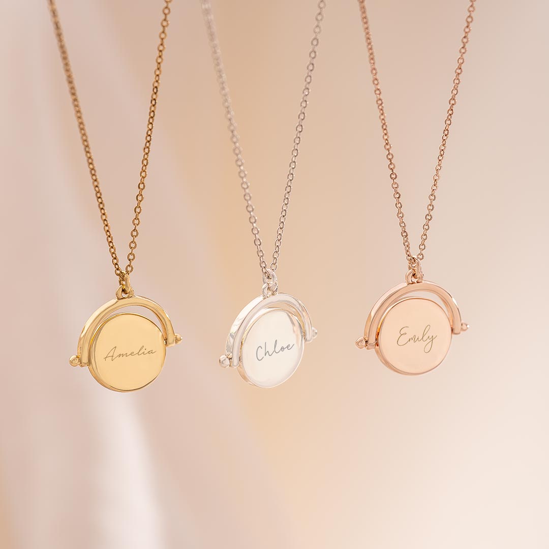 round spinner name necklace in silver, rose gold and gold