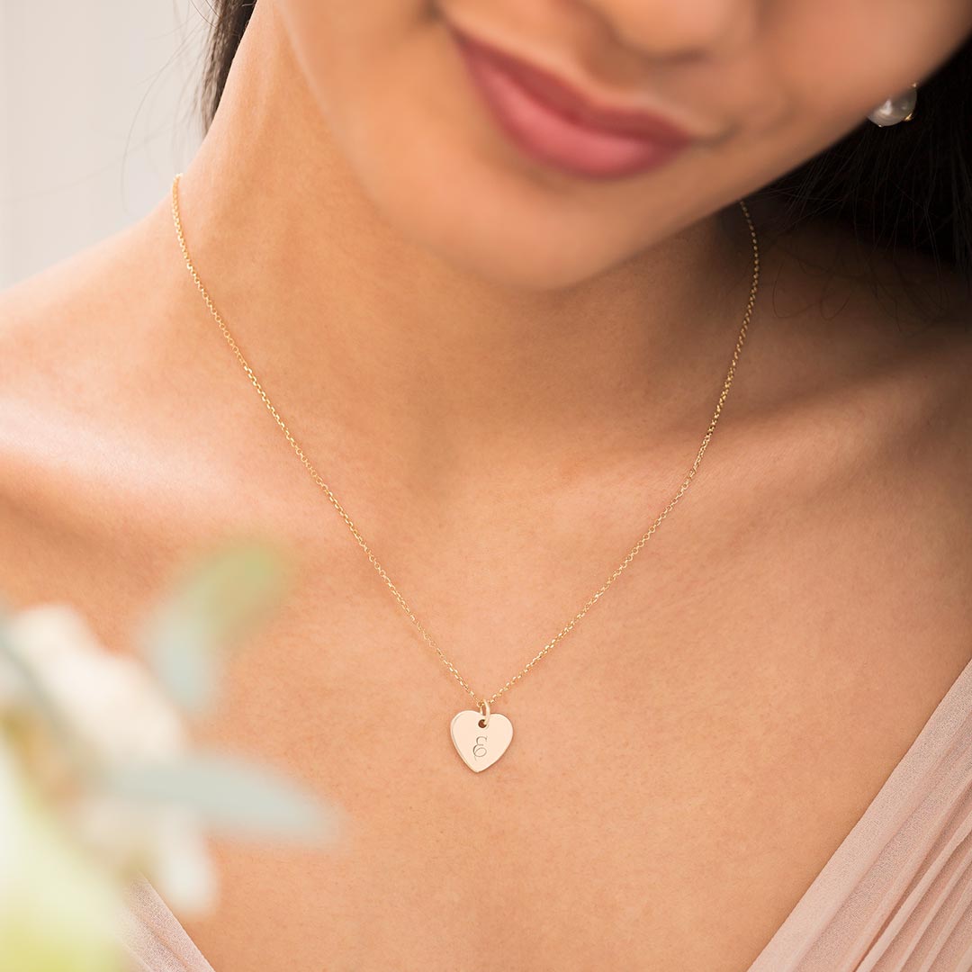 gold plated sterling silver 12 mm heart charm necklace personalised with a script initial