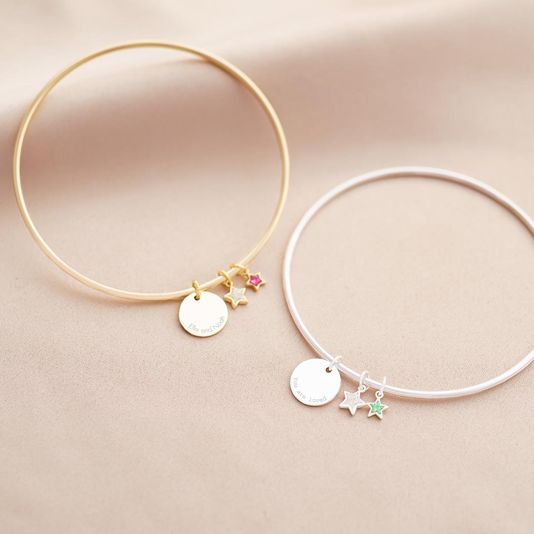 Star Birthstone and Disc Personalised Bangle
