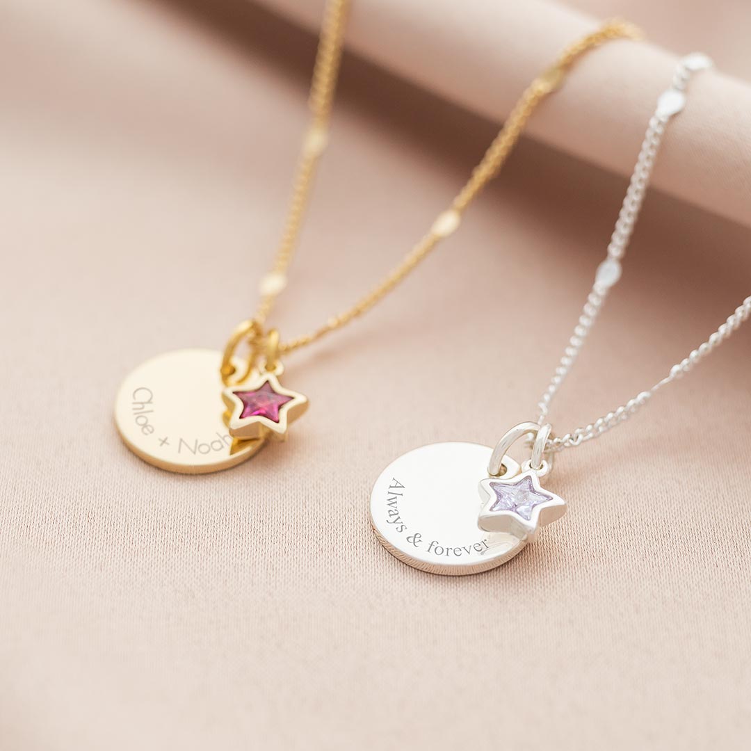 Silver and Champagne Gold Star Birthstone and Disc Personalised Message Necklaces