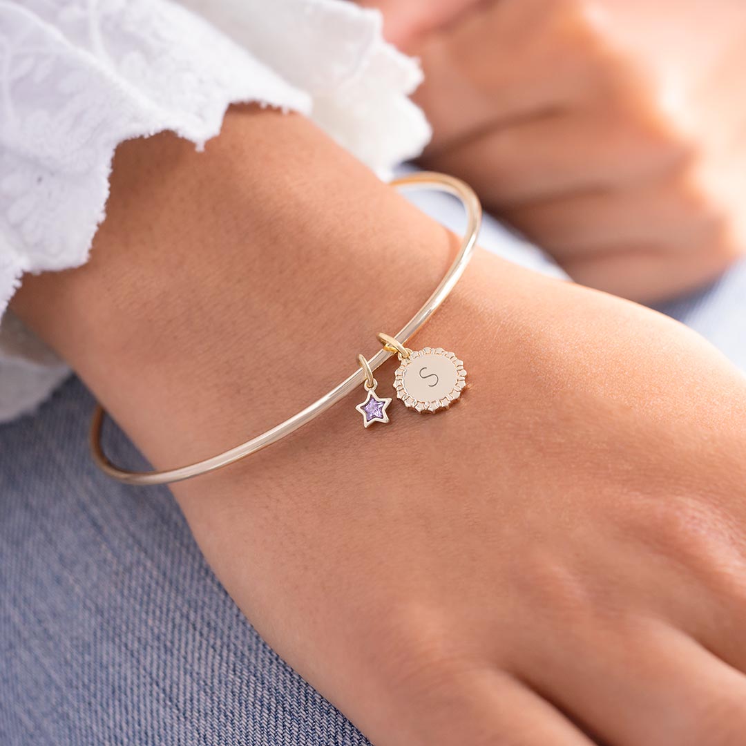 Champagne Gold Star Edge Disc and Star Birthstone Personalised Initial Bangle