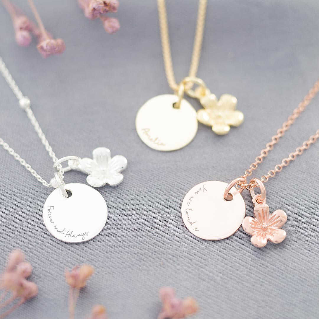 Sterling Silver Flower and Disc Personalised Message Necklace