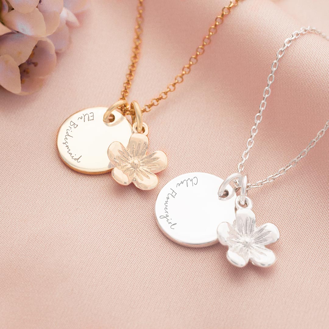 disc and flower charm necklace in silver, gold and rose gold
