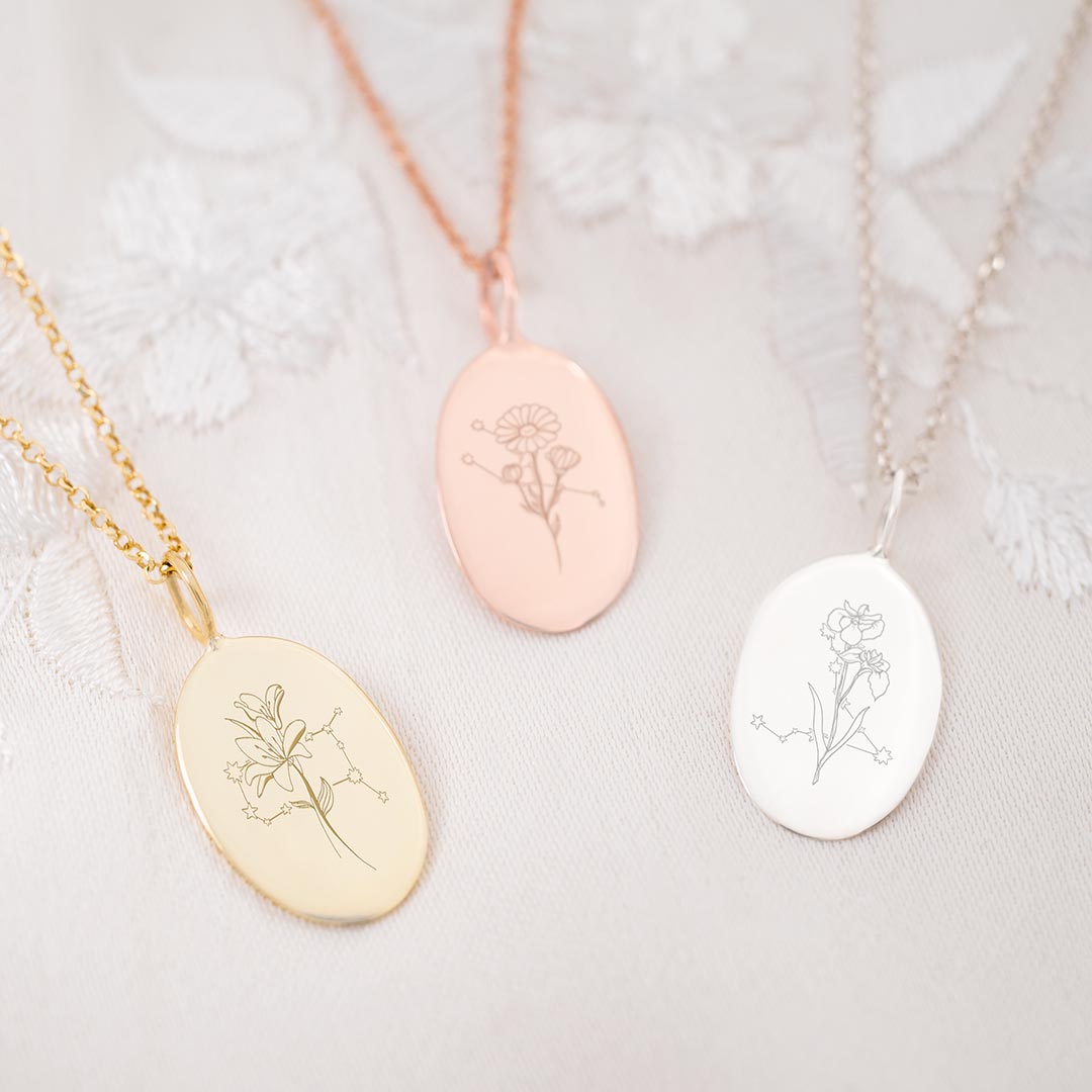 Sterling Silver Birth Flower and Constellation Personalised Necklace