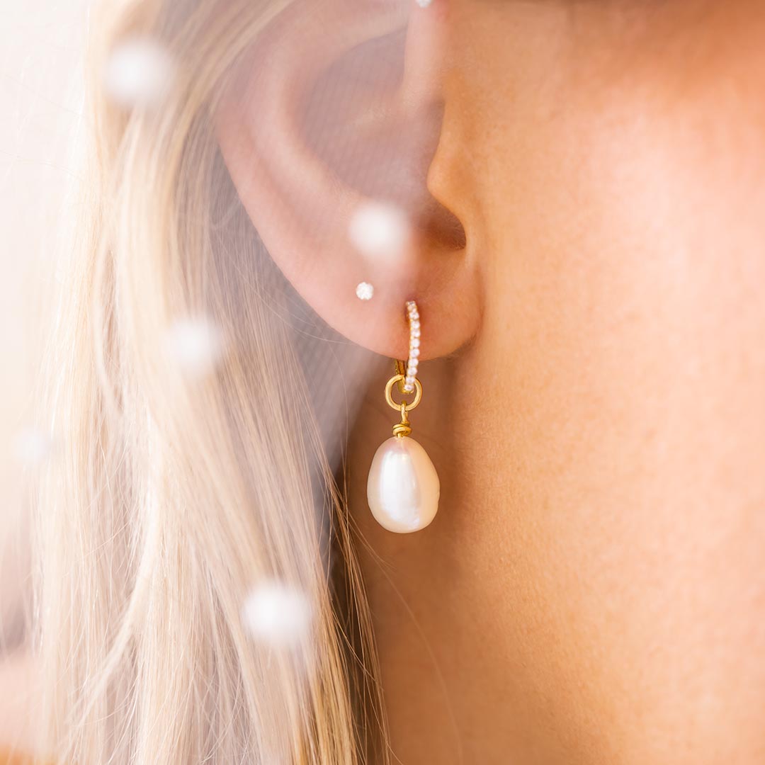 Sterling Silver Crystal Huggie Hoop Freshwater Pearl Earrings