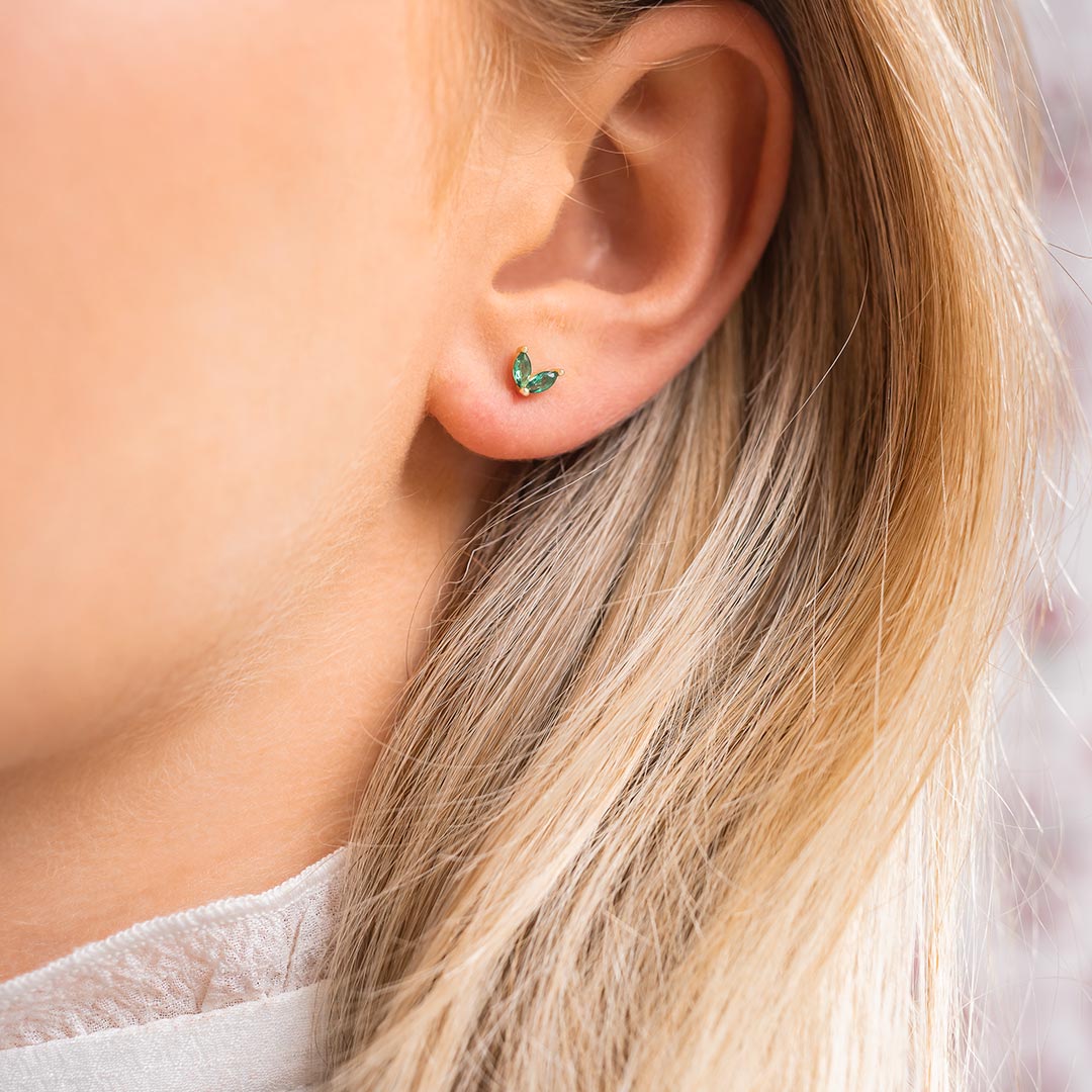 Gold Plated Sterling Silver Emerald Crystal Marquise Petal Personalised Earrings