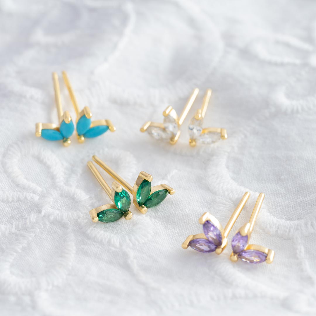 gold plated sterling silver crystal petal marquise earrings with turquoise, emerald, diamond and amethyst coloured crystals