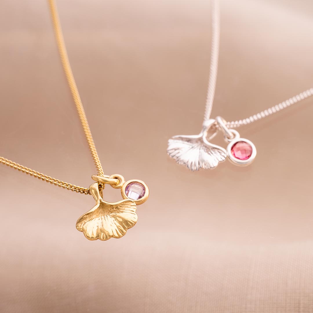 ginkgo leaf and birthstone personalised necklace available in sterling silver and gold plated sterling silver