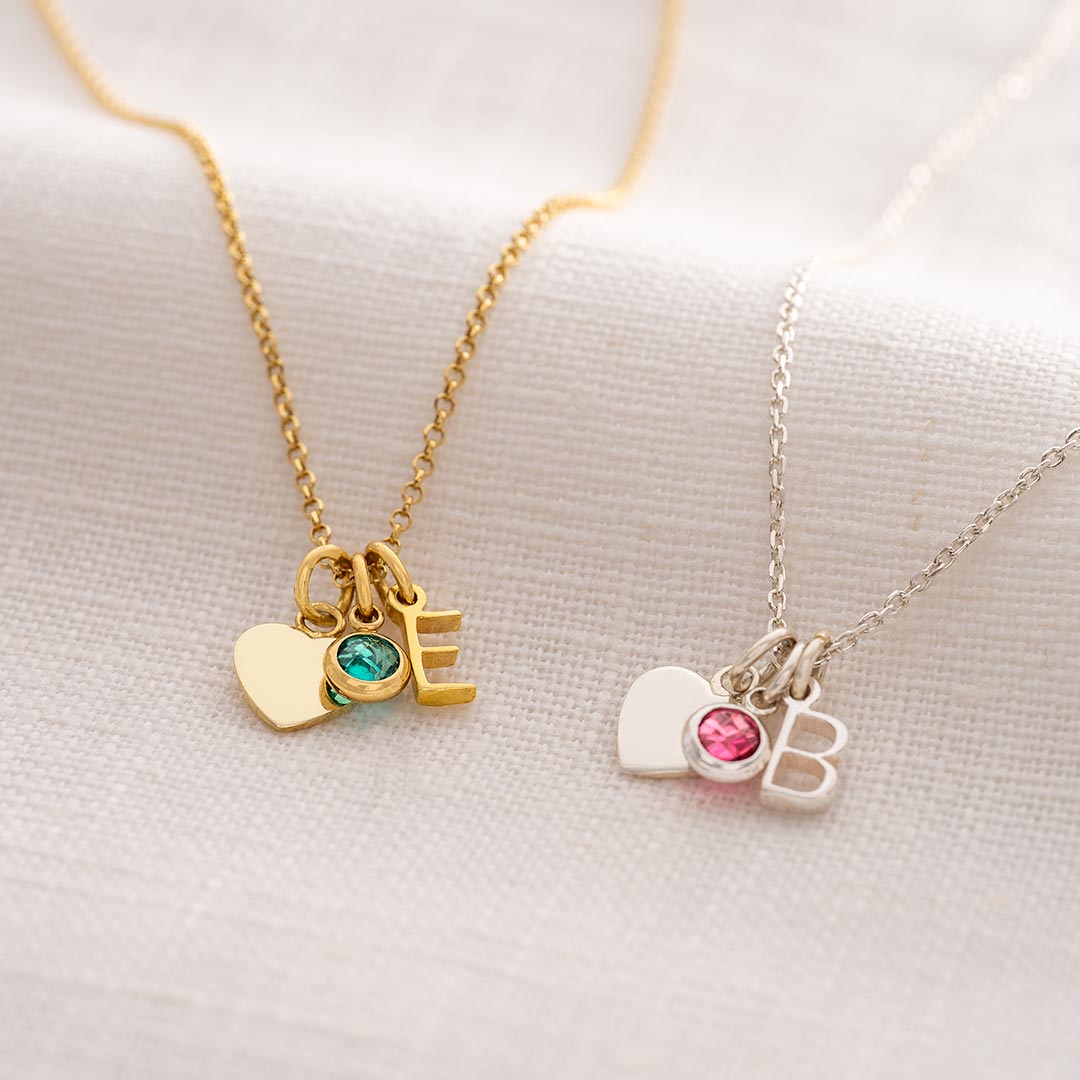 Sterling Silver and Gold Plated Sterling Silver Heart, B Mini Letter, E Mini Letter and Birthstone Personalised Necklaces