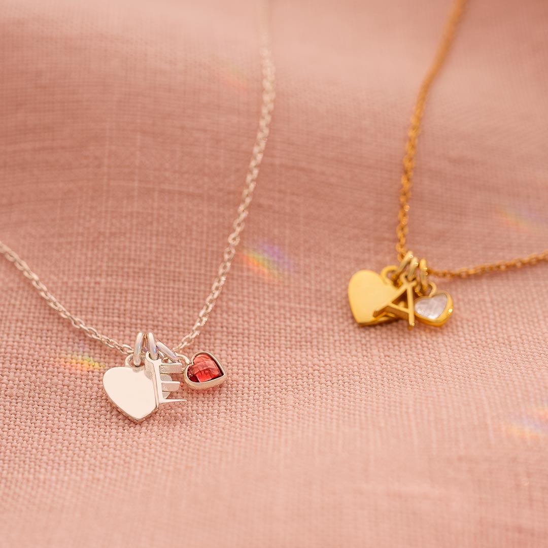 Sterling Silver Heart, Mini Letter and Gemstone Heart Personalised Necklace