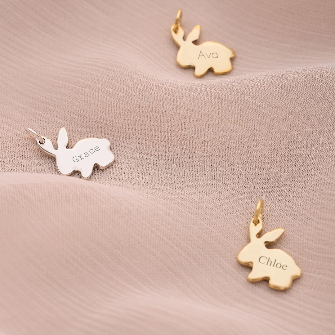 large sterling silver and gold plated sterling silver bunny charm with engraved name