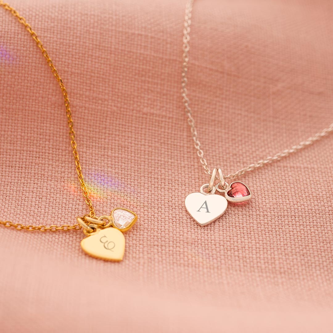 gold plated sterling silver and sterling silver gemstone heart and heart charm personalised necklace