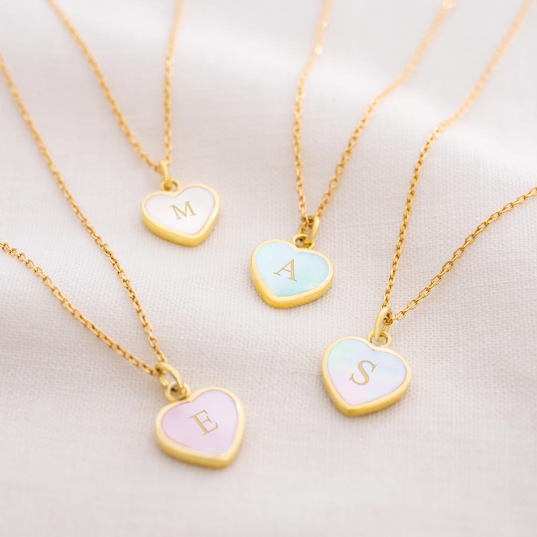 mother of pearl mini heart personalised heart pendant necklace available in 4 stunning colours
