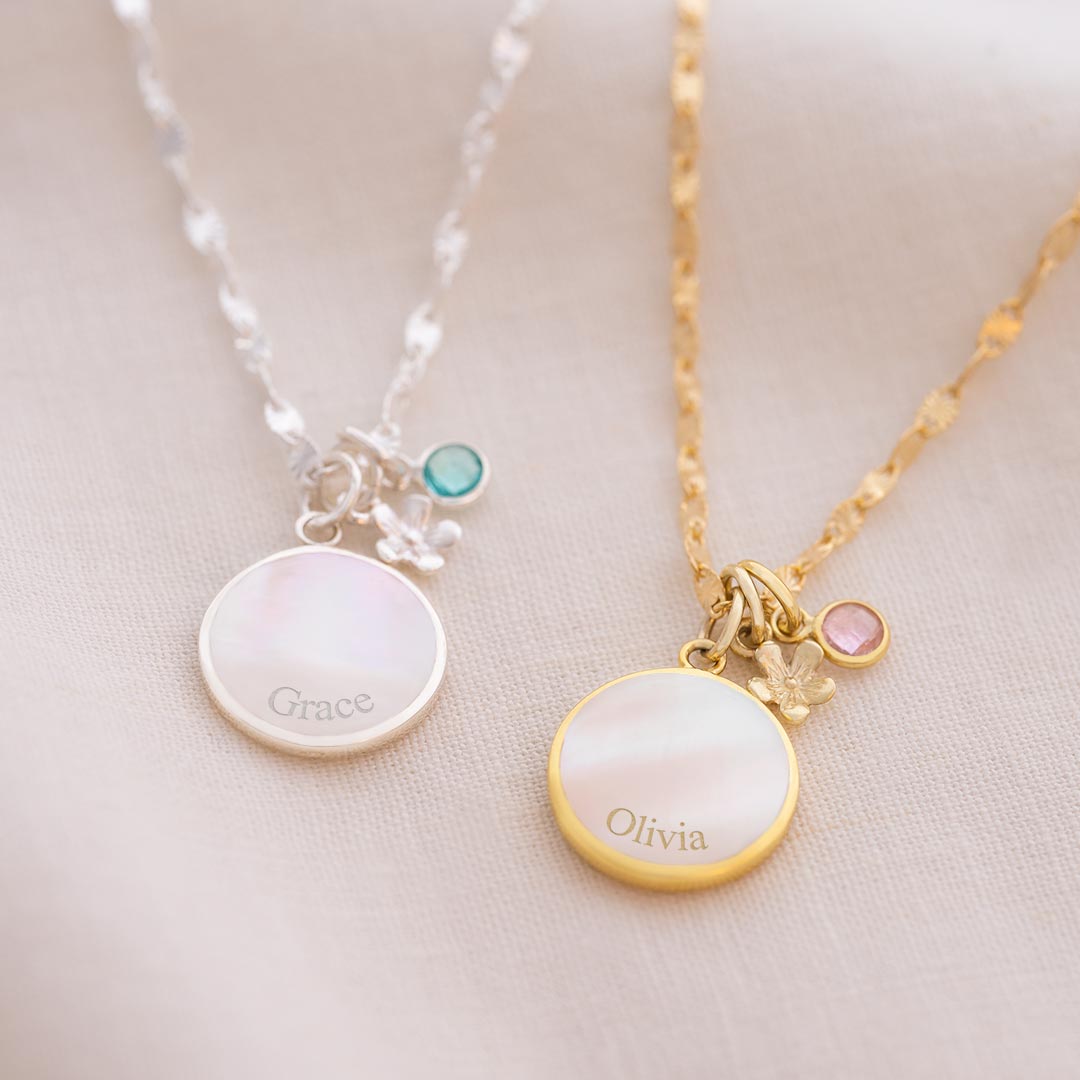 nola starburst mother of pearl personalised necklace personalised with engraved classic style name and birthstone charm