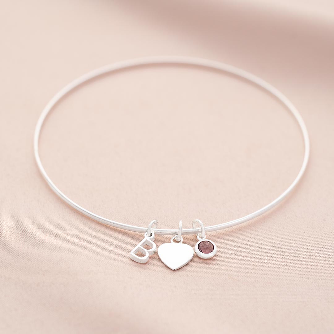 Sterling Silver Multi Charm and Birthstone Personalised Fine Bangle