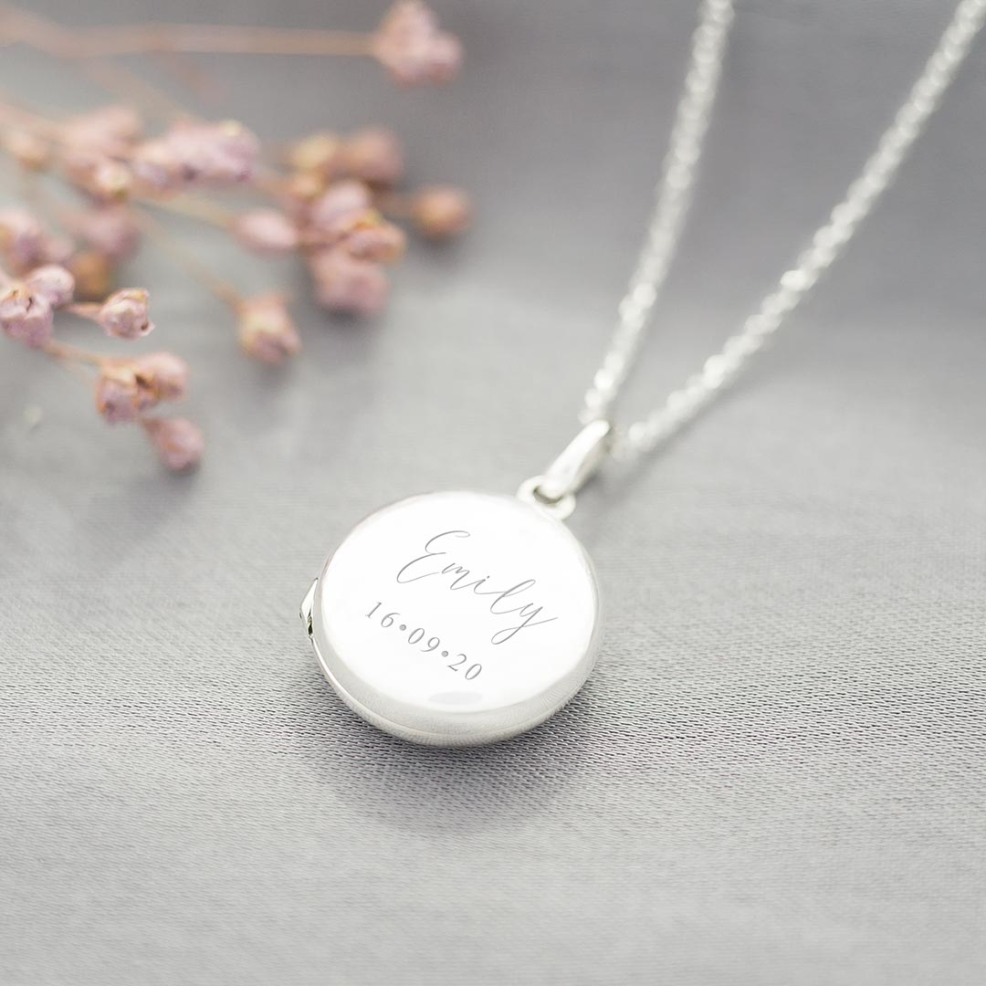 locket necklace with personalised name and date engraving in sterling silver