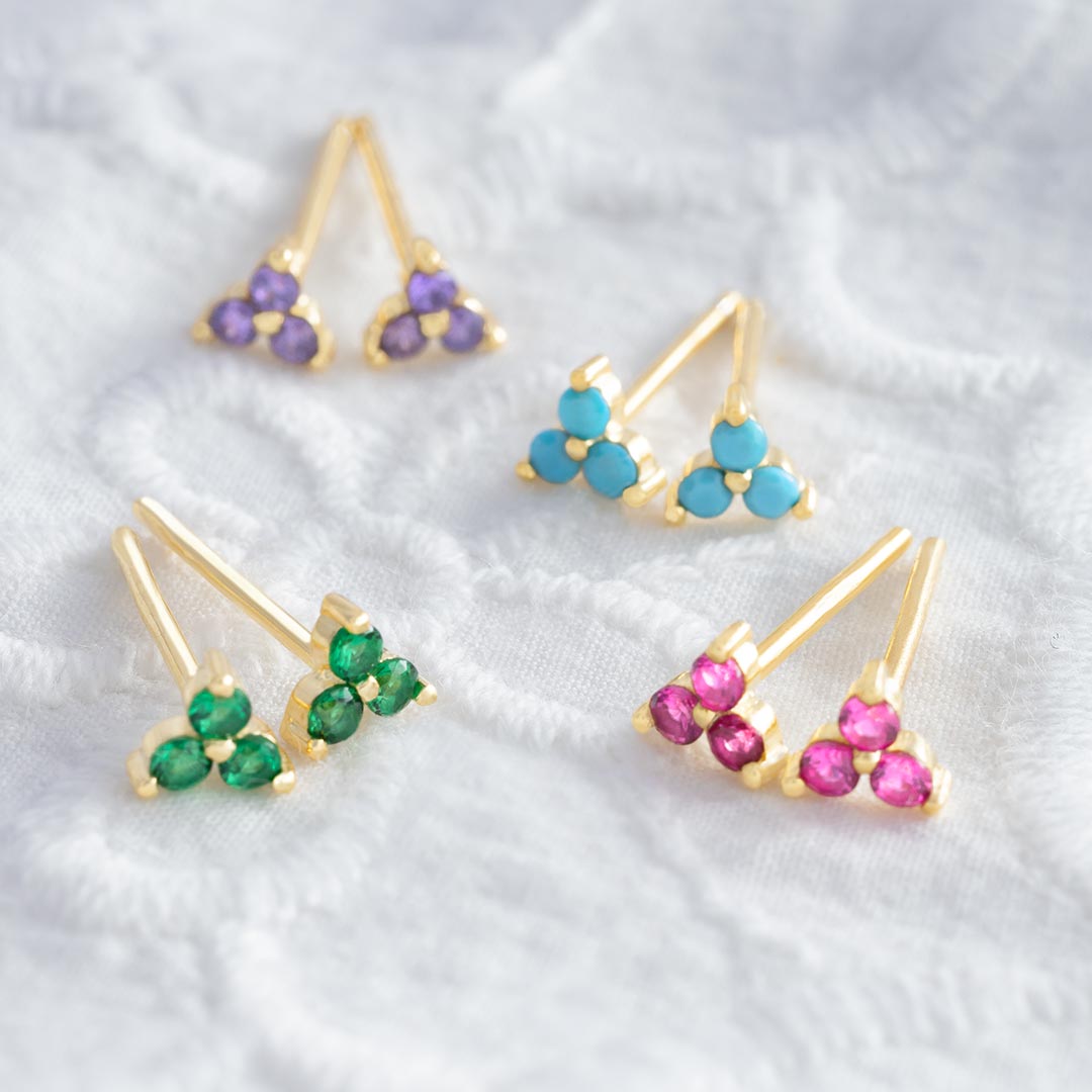 gold plated sterling silver triple gem crystal earrings available in a variety of gem colours