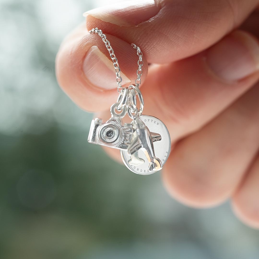 Sterling Silver Necklace with Camera, Plane, and Message Charm