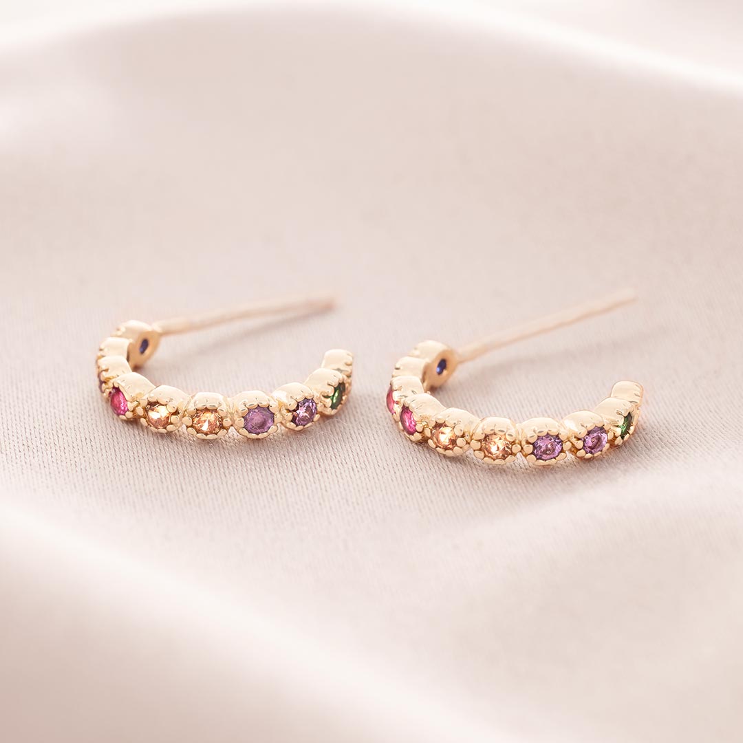 Stone Crystal Personalised Hoop Earrings with a champagne gold surround