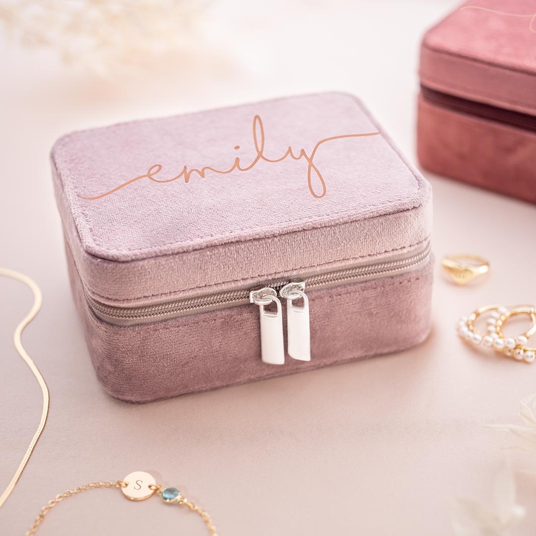 personalised name suede jewellery box in powder pink