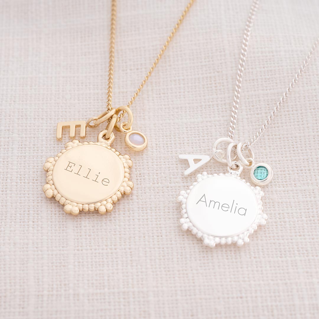 Vintage Disc, Letter and Birthstone Personalised Necklace in champagne gold and silver