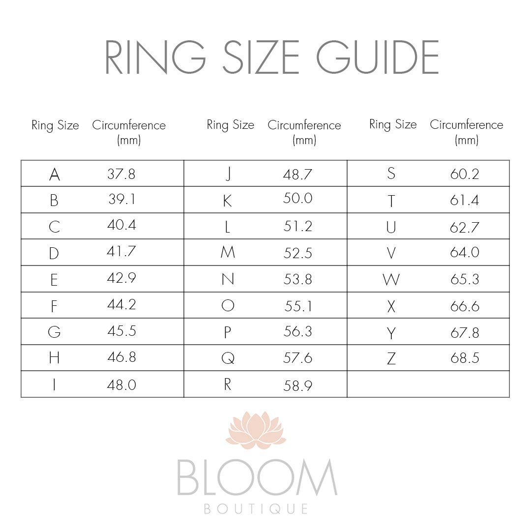 Ring Size Guide chart with ring sizes A to Z and corresponding circumferences in millimeters, from 37.8 mm for size A to 68.5 mm for size Z, by Bloom Boutique.
